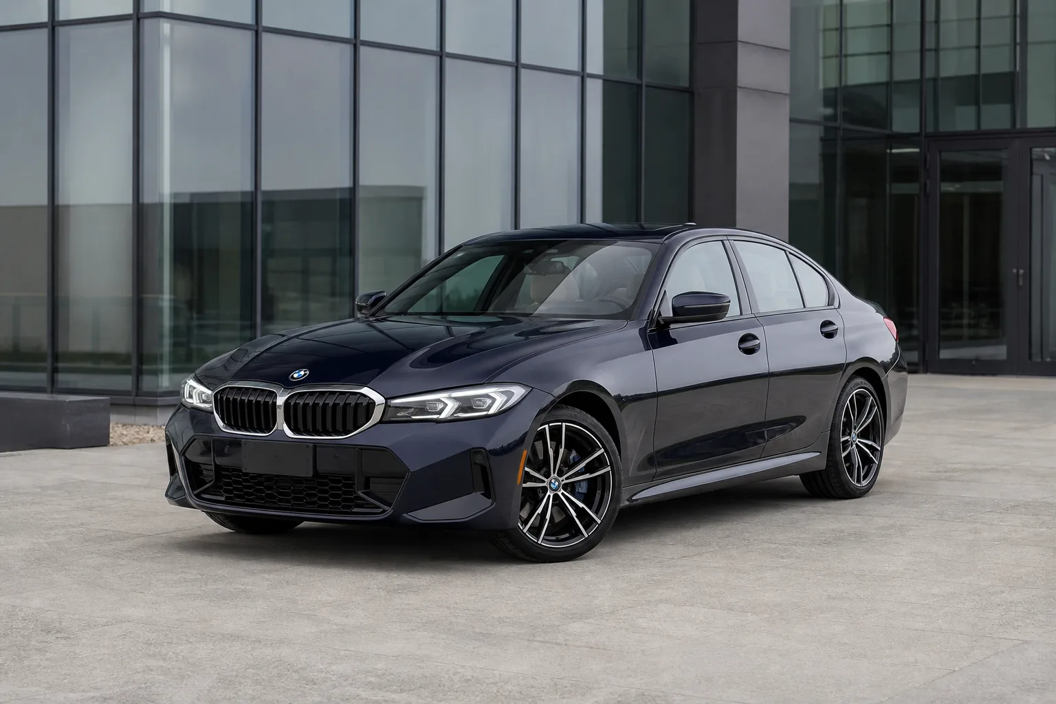 Illustrative deep navy sport sedan outside modern glass architecture