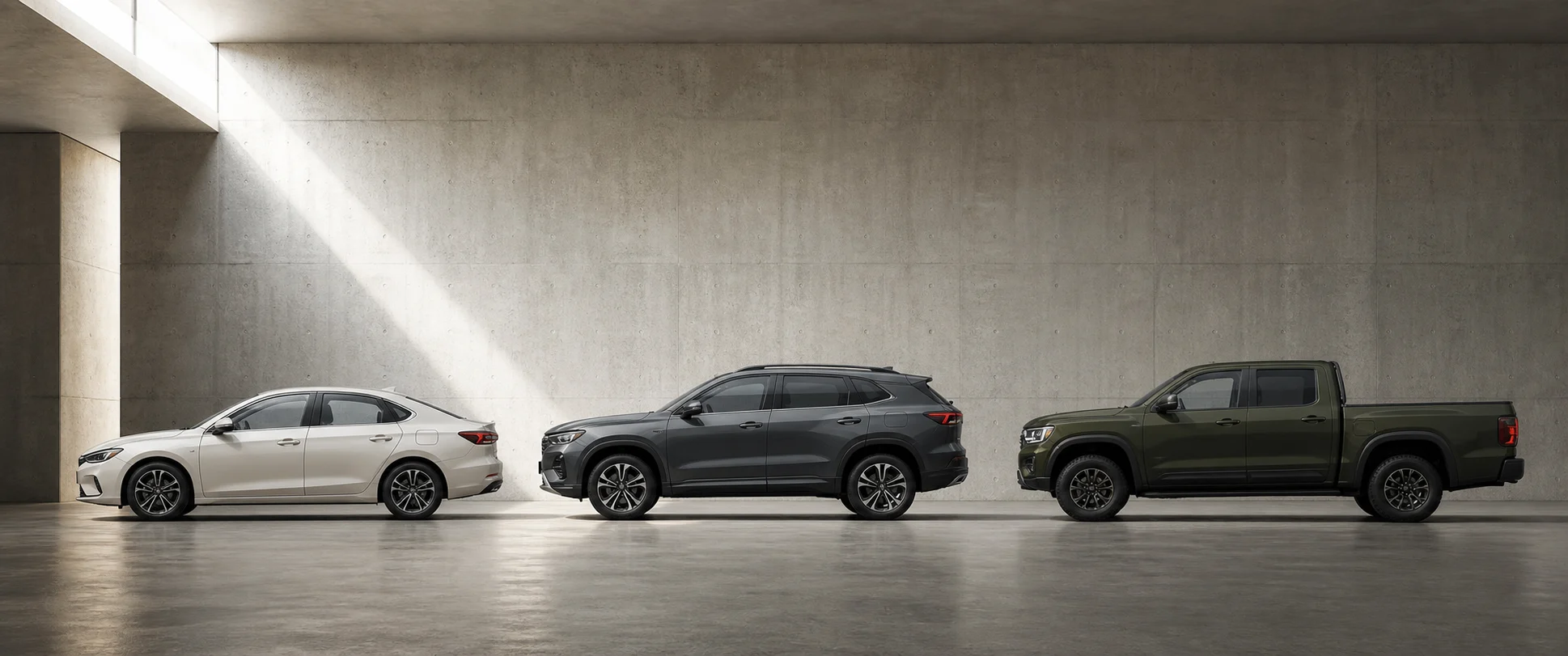 A sedan, SUV, and pickup shown in profile in an architectural gallery