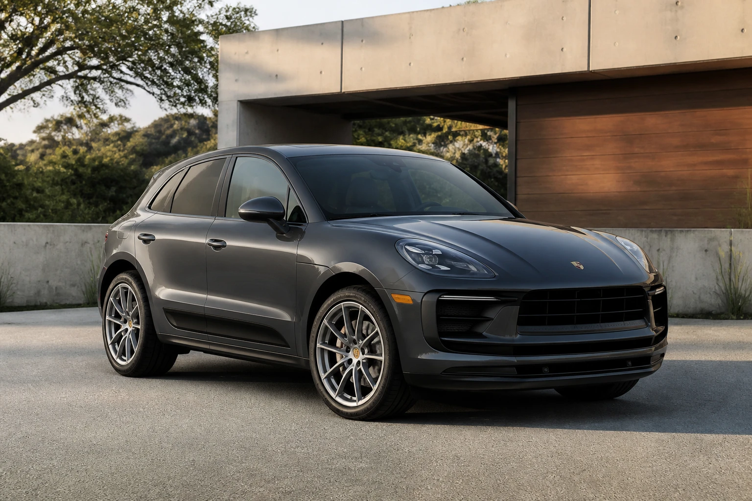 Illustrative graphite performance SUV outside a concrete-and-timber residence