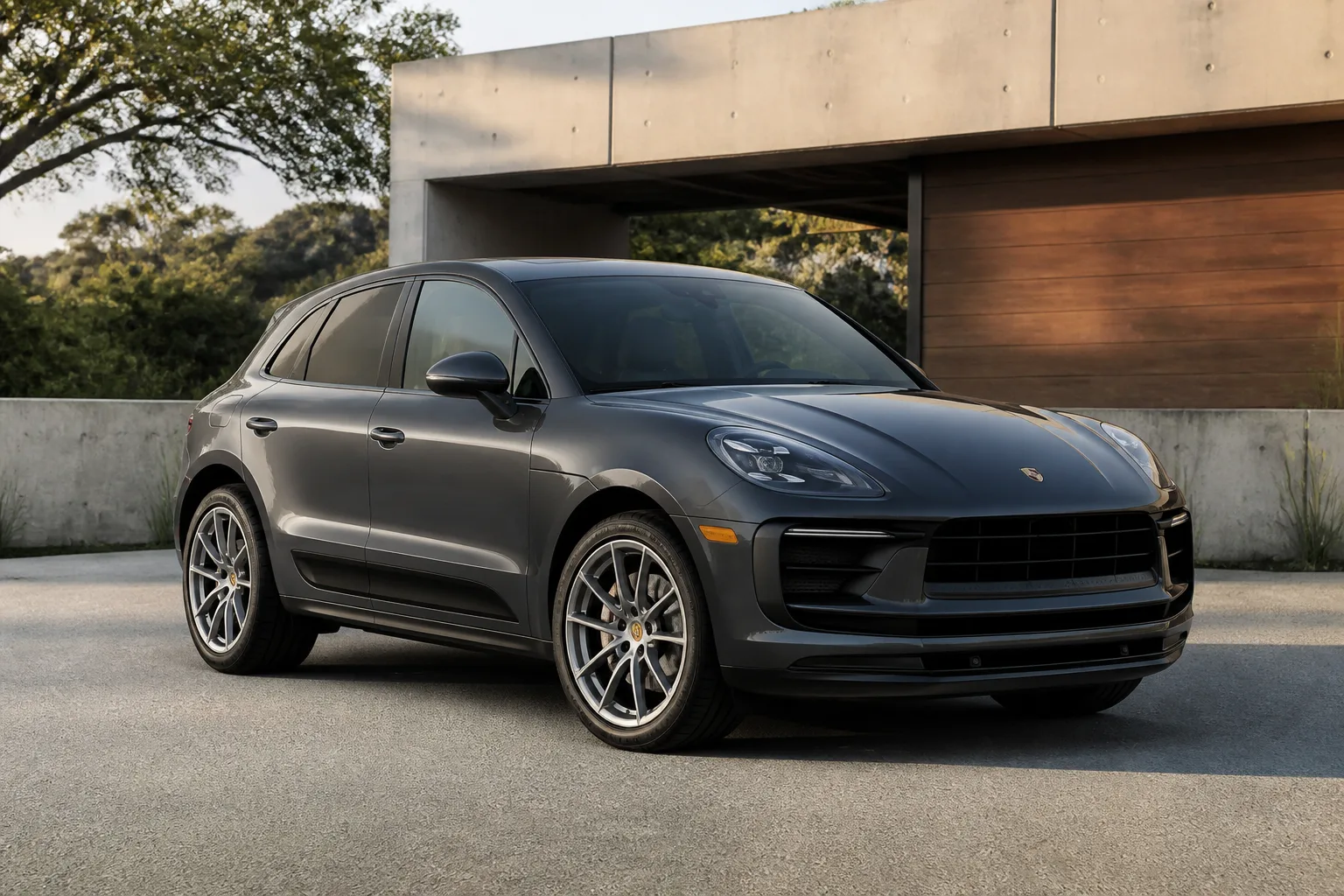 Illustrative graphite performance SUV outside a concrete-and-timber residence