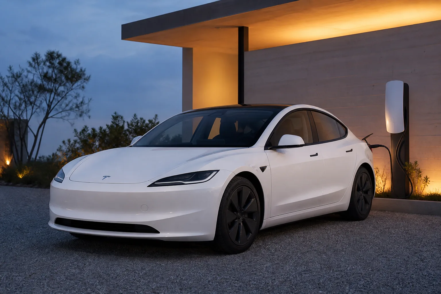 Illustrative white electric sport sedan at an architectural charging bay