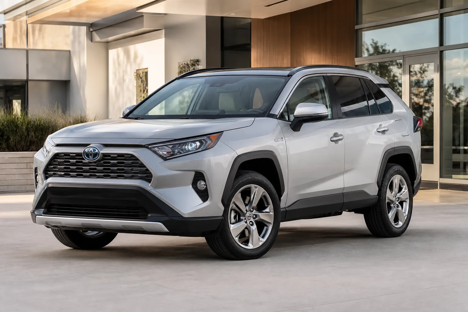 Illustrative silver hybrid SUV at a contemporary dealership delivery area