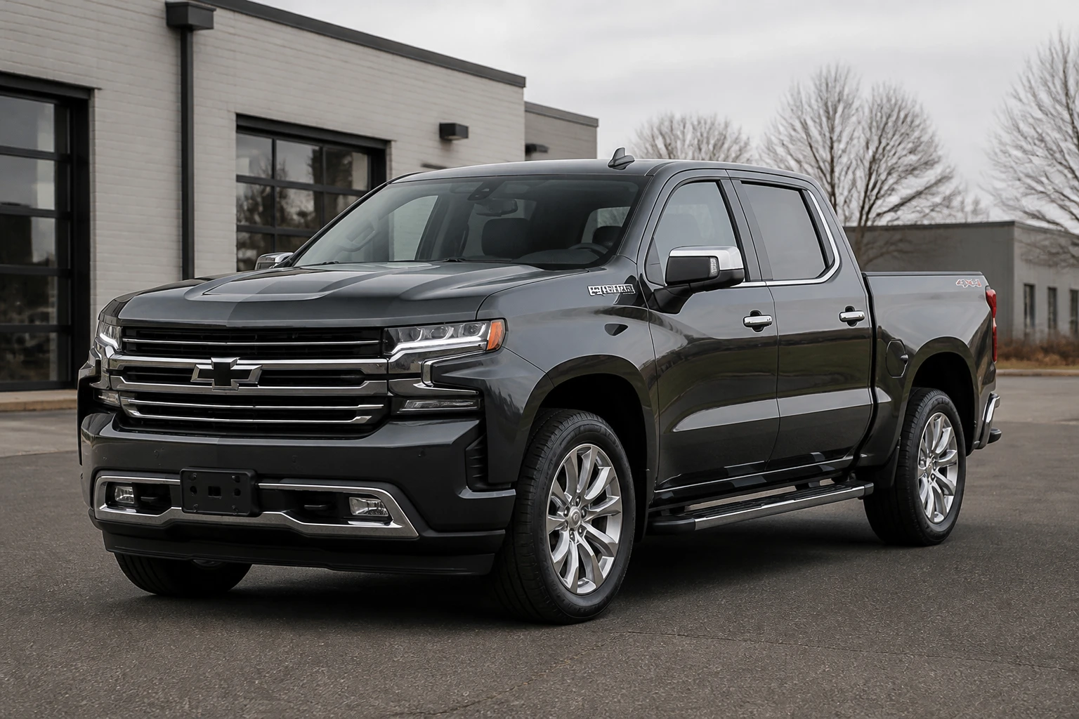 Illustrative charcoal crew-cab pickup outside industrial architecture