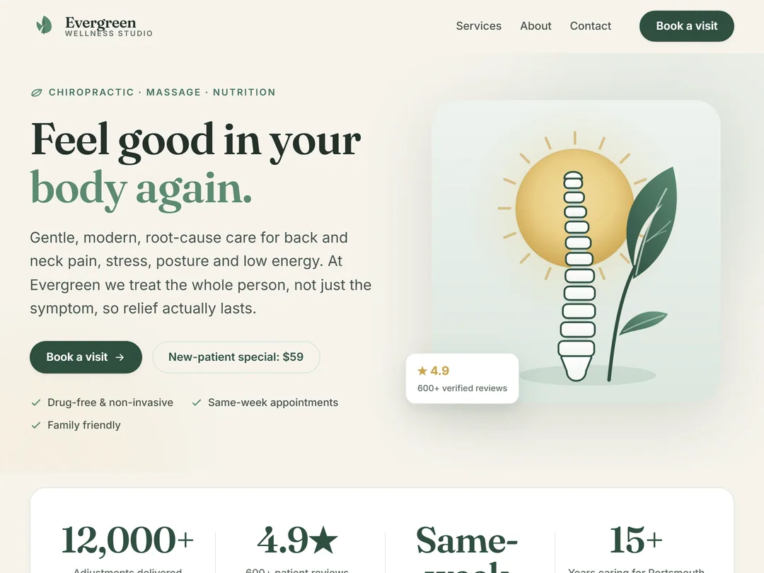 Evergreen Wellness — Chiropractic sample website header