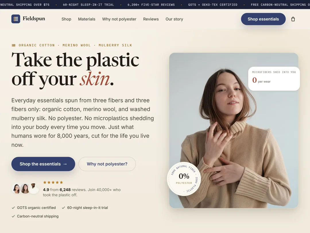 Fieldspun — Apparel / E-commerce sample website header