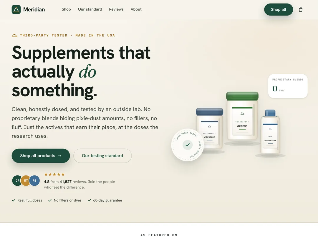 Meridian — Supplements / Longevity sample website header